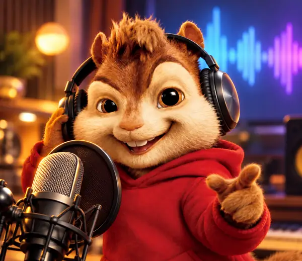 A cheerful cartoon chipmunk in a red sweater