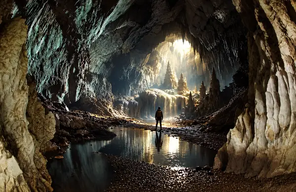 Dark cave opening illuminated from within