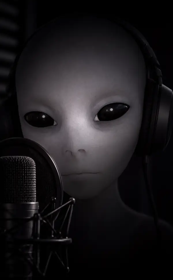 Gray alien face with large black eyes
