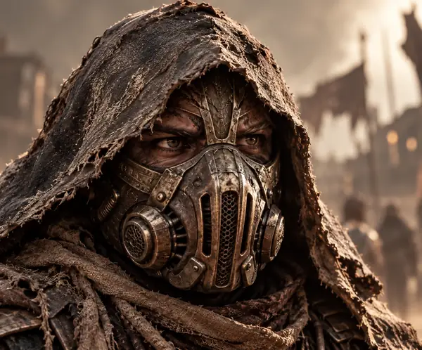 Masked fantasy character shown in close-up