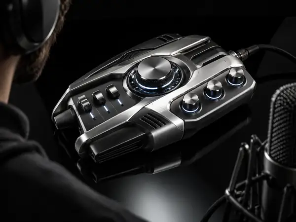 Metallic audio-effects device in close-up