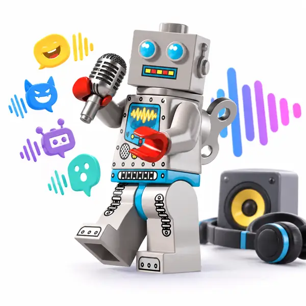Playful silver toy robot with blue eyes
