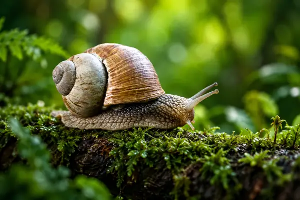 Snail moving across a mossy branch