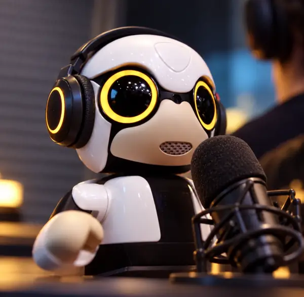 Tiny toy robot with bright round eyes