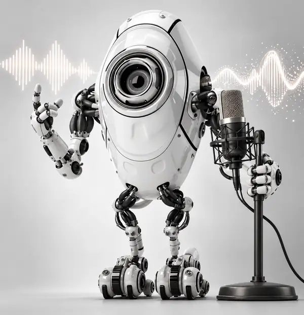 White one-eyed robot with jointed arms