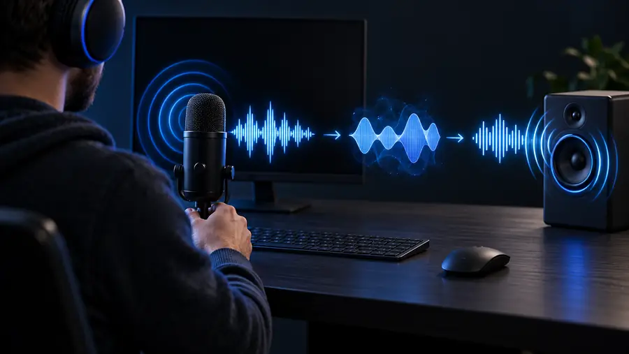 Processed voice workflow shown on a PC